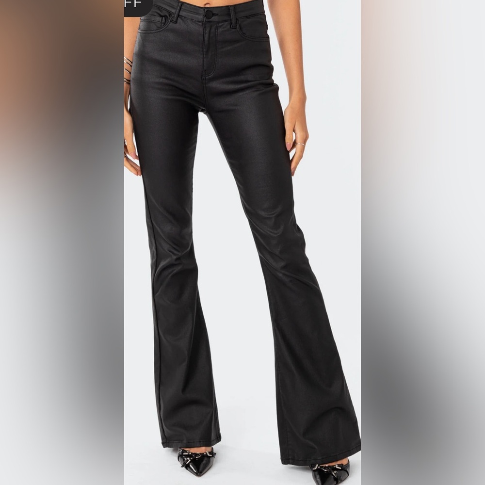 Black Edikted Luna Faux Leather Flare Jeans